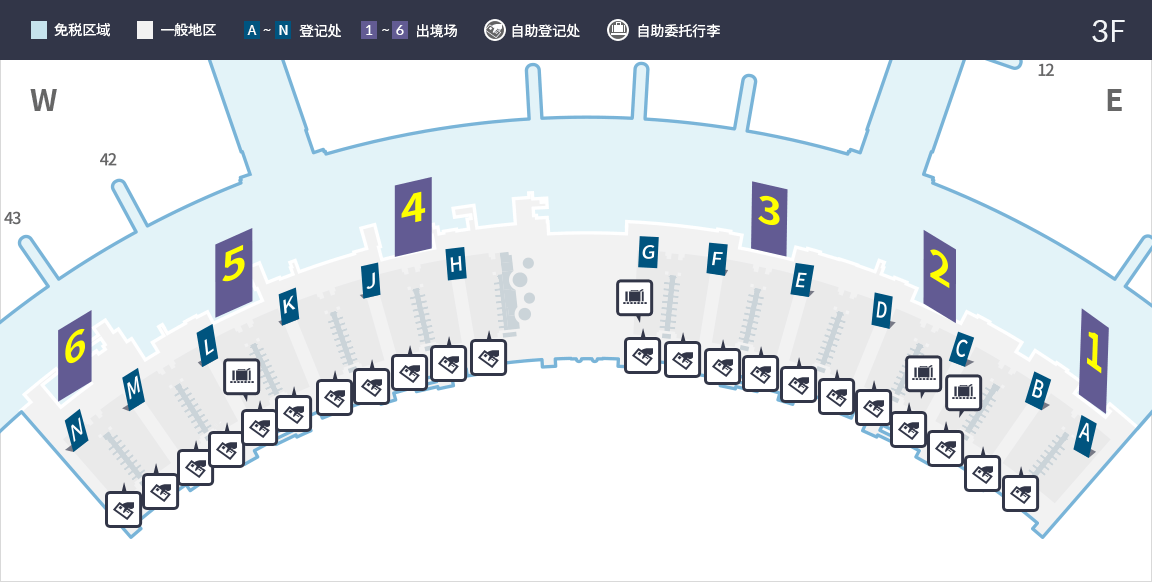 하늘색 면세지역, 하얀색 일반지역, A부터 N까지 체크인 카운터, 1부터 6까지 출국장, 셀프체크인 전 구역 가능, C,G,L 셀프 백드랍 가능
